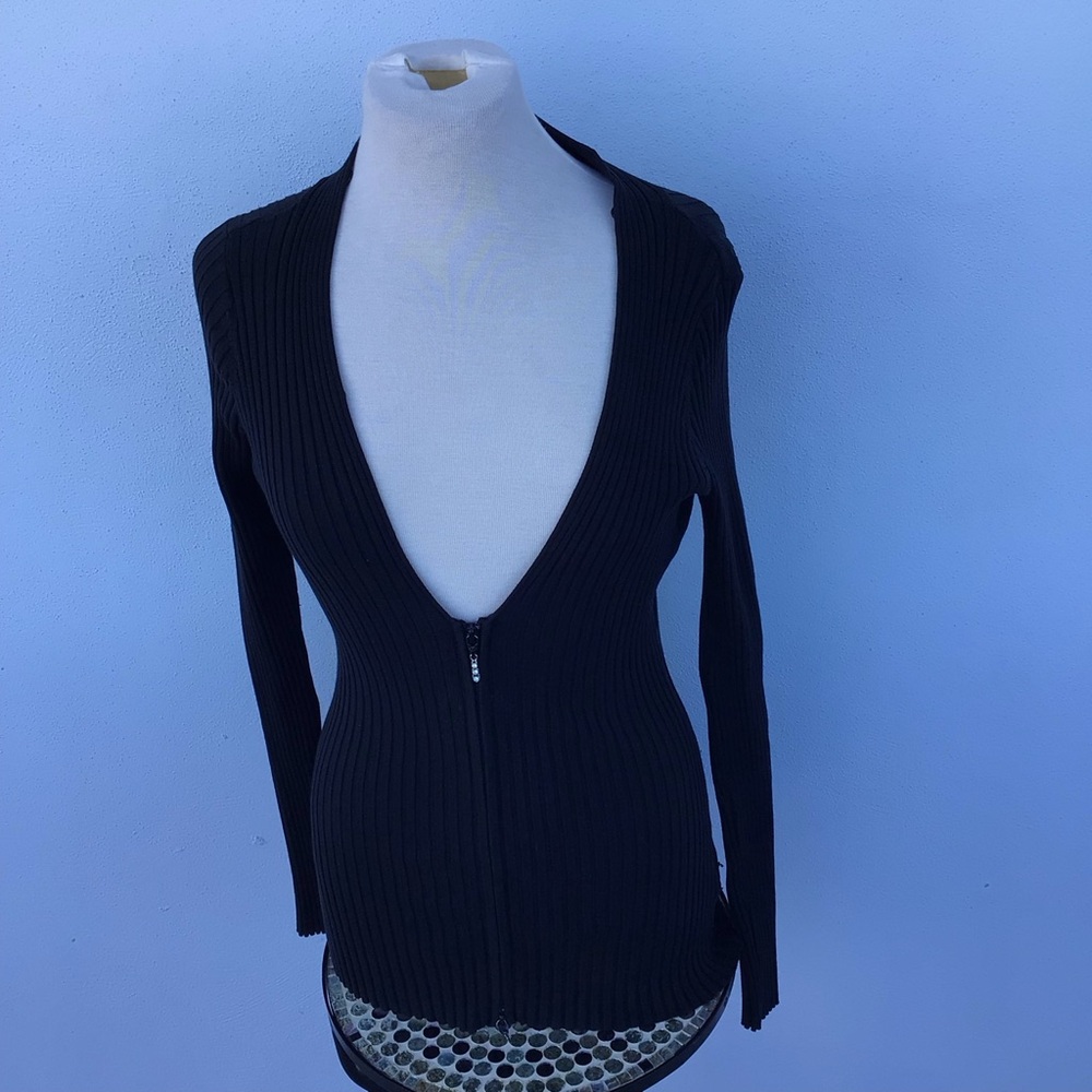 Cache Black Ribbed V-Neck Zip-Up Sweater with Rhinestone Zip Pull Accent - Picture 8 of 10